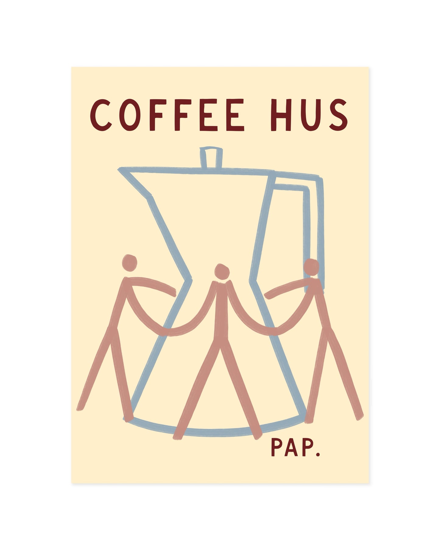 Minimal moka pot illustration with three abstract figures and Coffee Hus typography