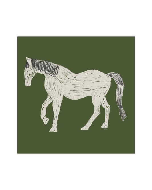 Minimal horse illustration paired with a small coastal landscape artwork in natural green and neutral tones