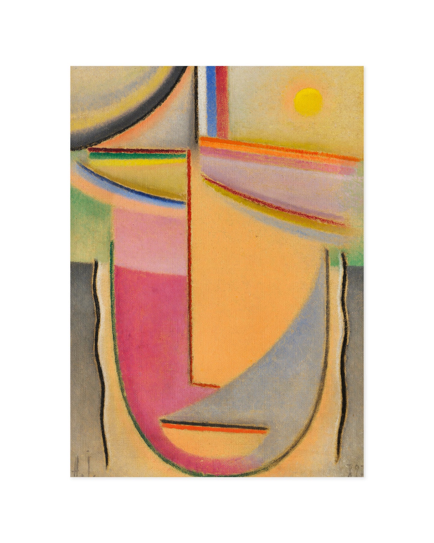 Colourful abstract composition by Alexej von Jawlensky featuring geometric shapes, pastel tones and a yellow sun motif