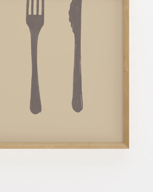 minimal fork and knife illustration in dark neutral tones, modern kitchen wall art printable
