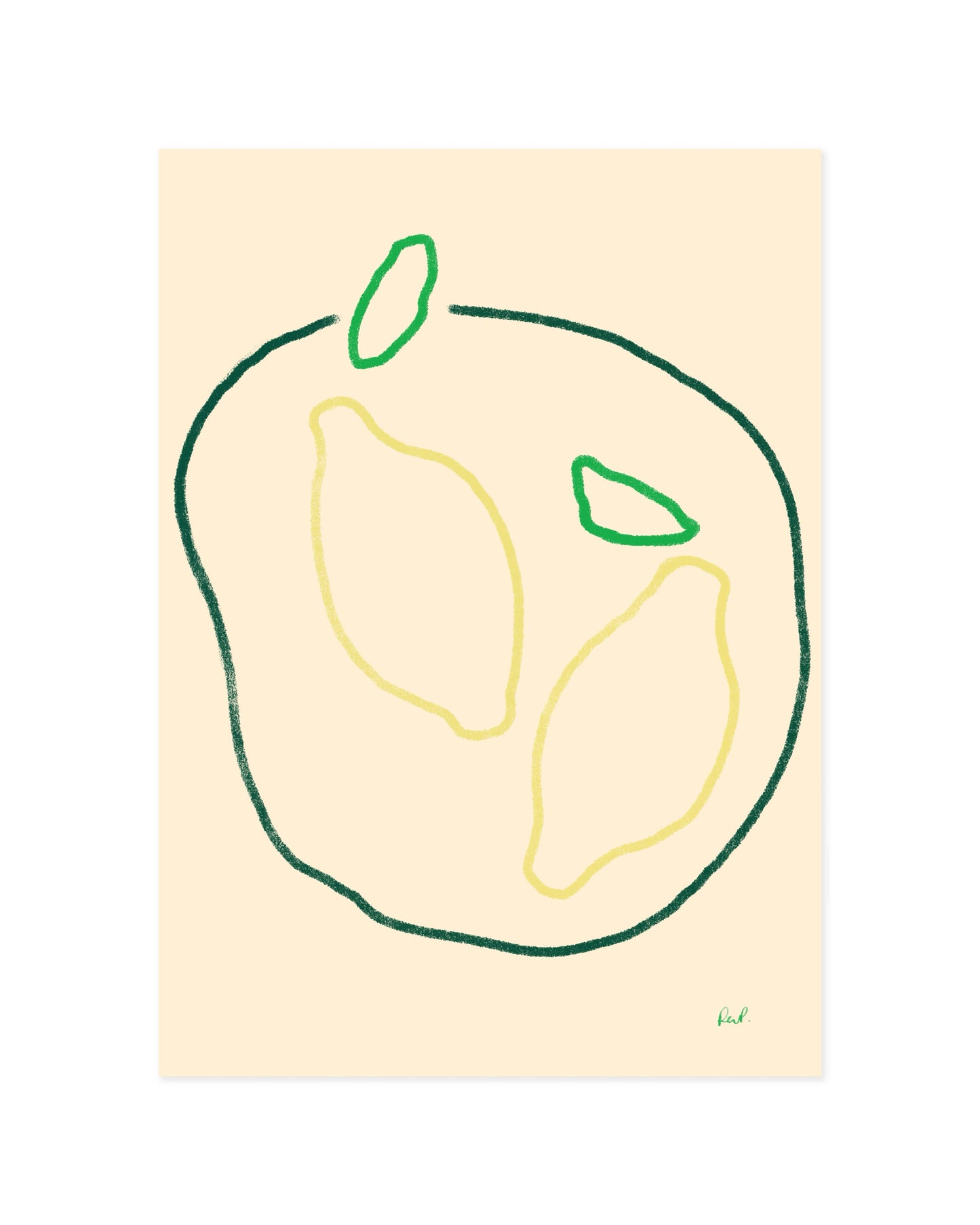 Minimalist hand-drawn lemon printable wall art featuring two lemons with green leaves on a soft cream background.