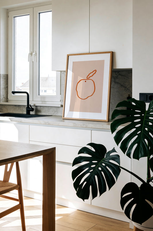 Minimal orange illustration on a blush pink background