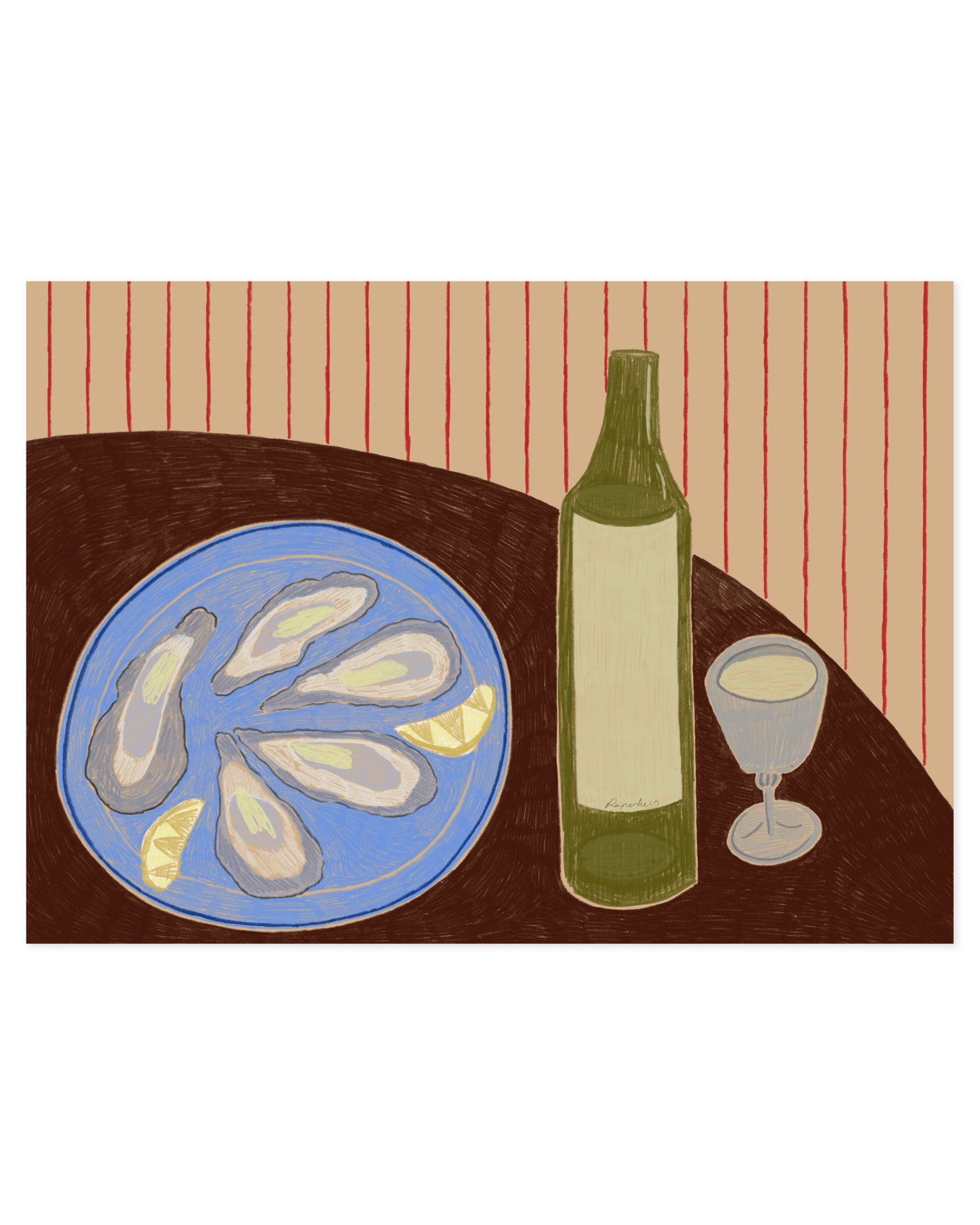 still life illustration with oysters wine bottle and lemon slices printable kitchen wall art