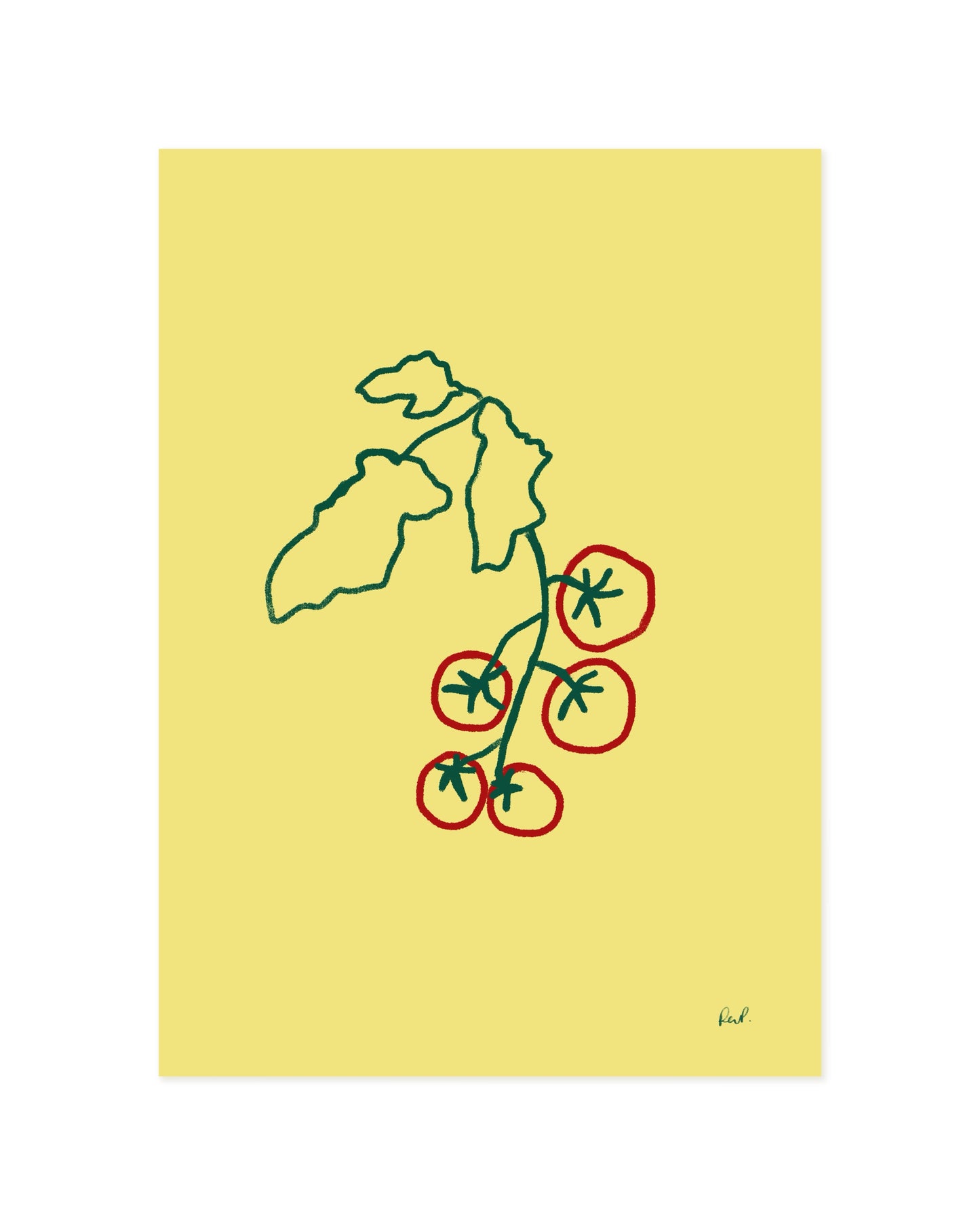 Hand-drawn tomato vine printable wall art with red tomatoes on a soft yellow background.