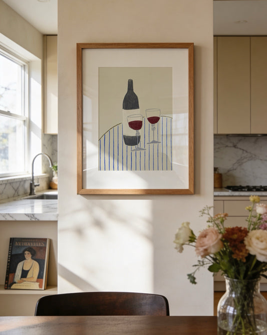 minimal wine bottle illustration with two red wine glasses on striped table printable wall art