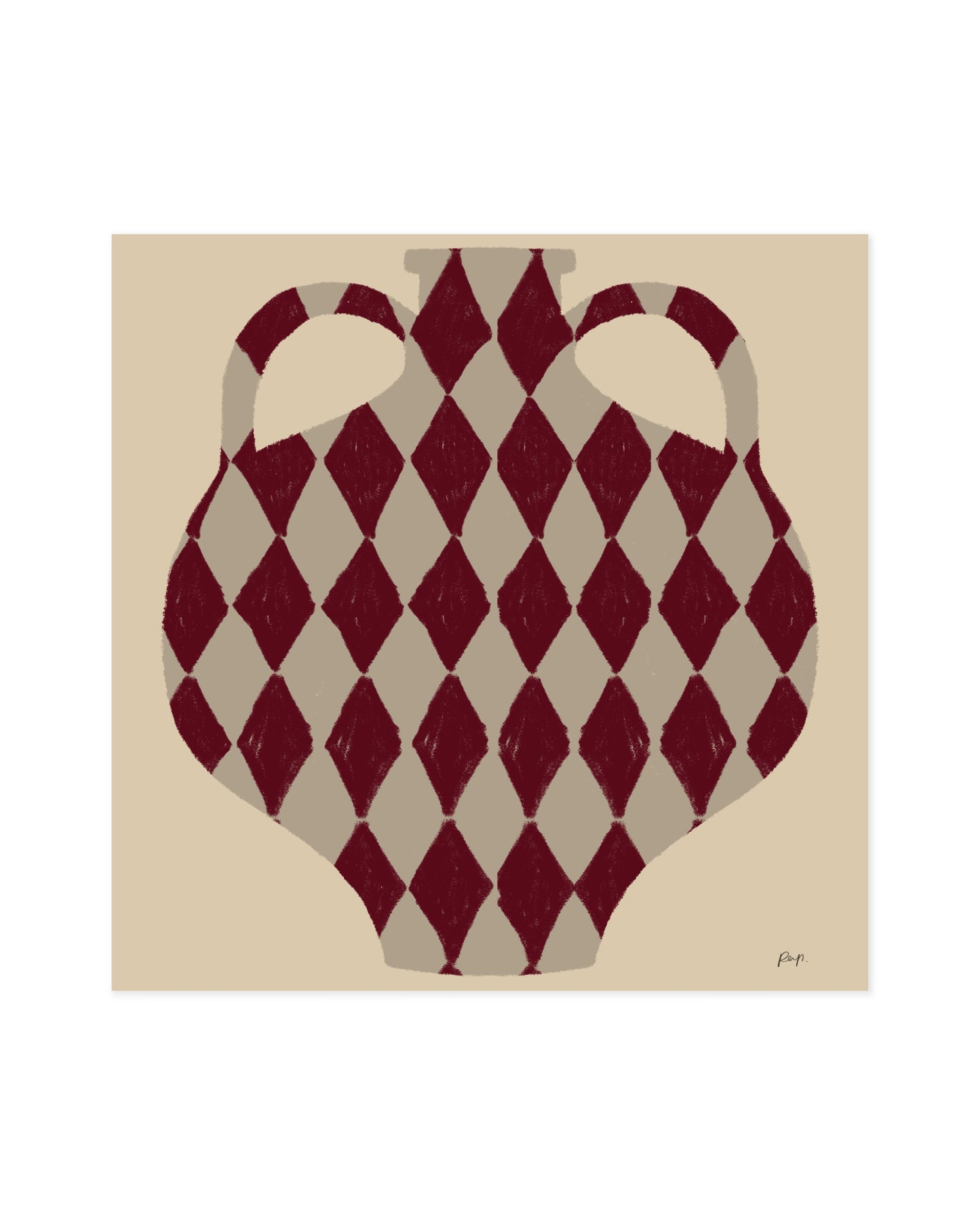 abstract vase illustration with burgundy harlequin diamond pattern on warm neutral background