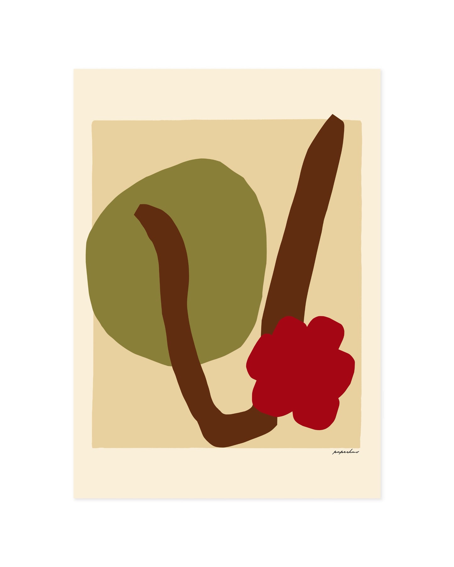 Abstract botanical wall art featuring a red flower, brown stem and olive green shape in a minimalist colour block style