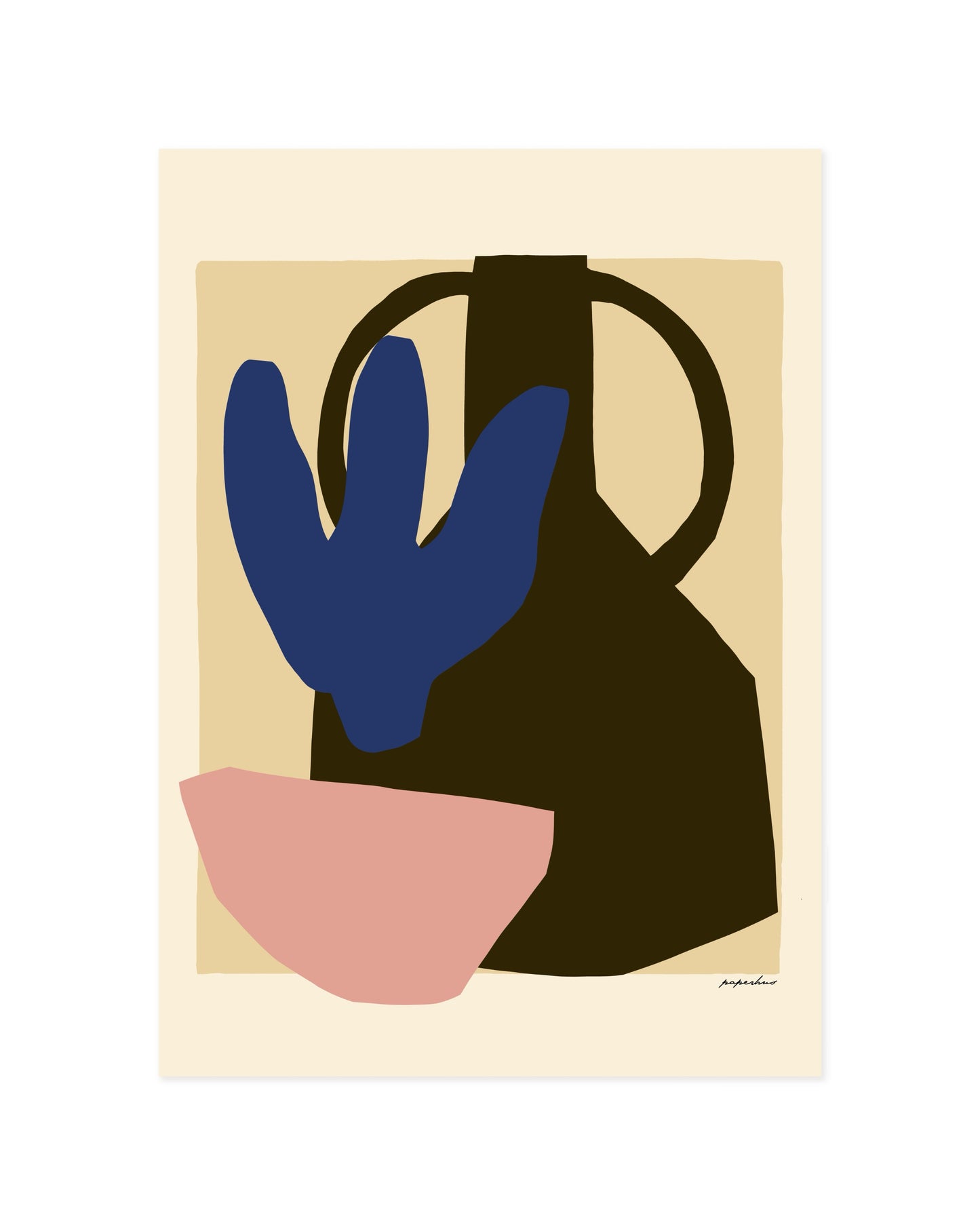 Abstract floral wall art featuring a blue flower, dark vase and blush pink shape in a minimalist colour block style