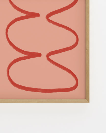 Abstract artwork with red wavy lines on a pink background