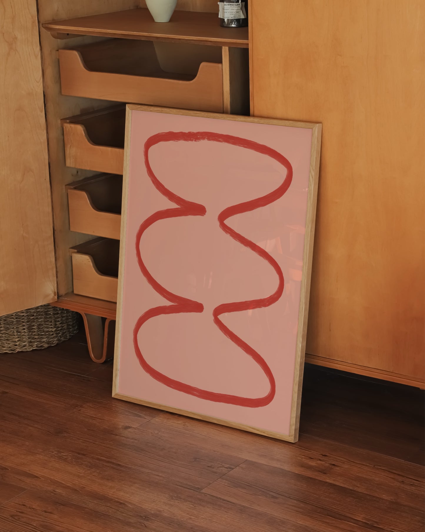 Abstract artwork with red wavy lines on a pink, digital download 