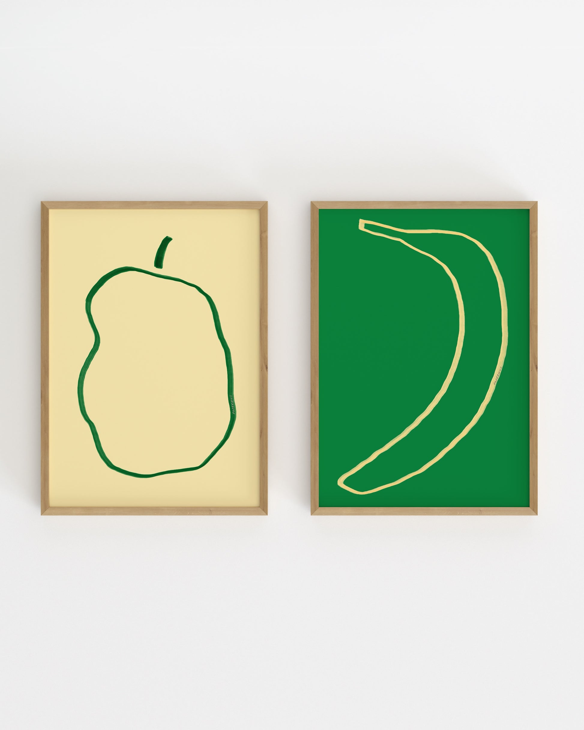 Set of two minimalist fruit prints featuring a green apple and banana illustration