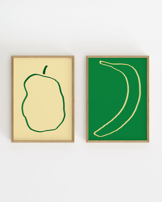 Set of two minimalist fruit prints featuring a green apple and banana illustration