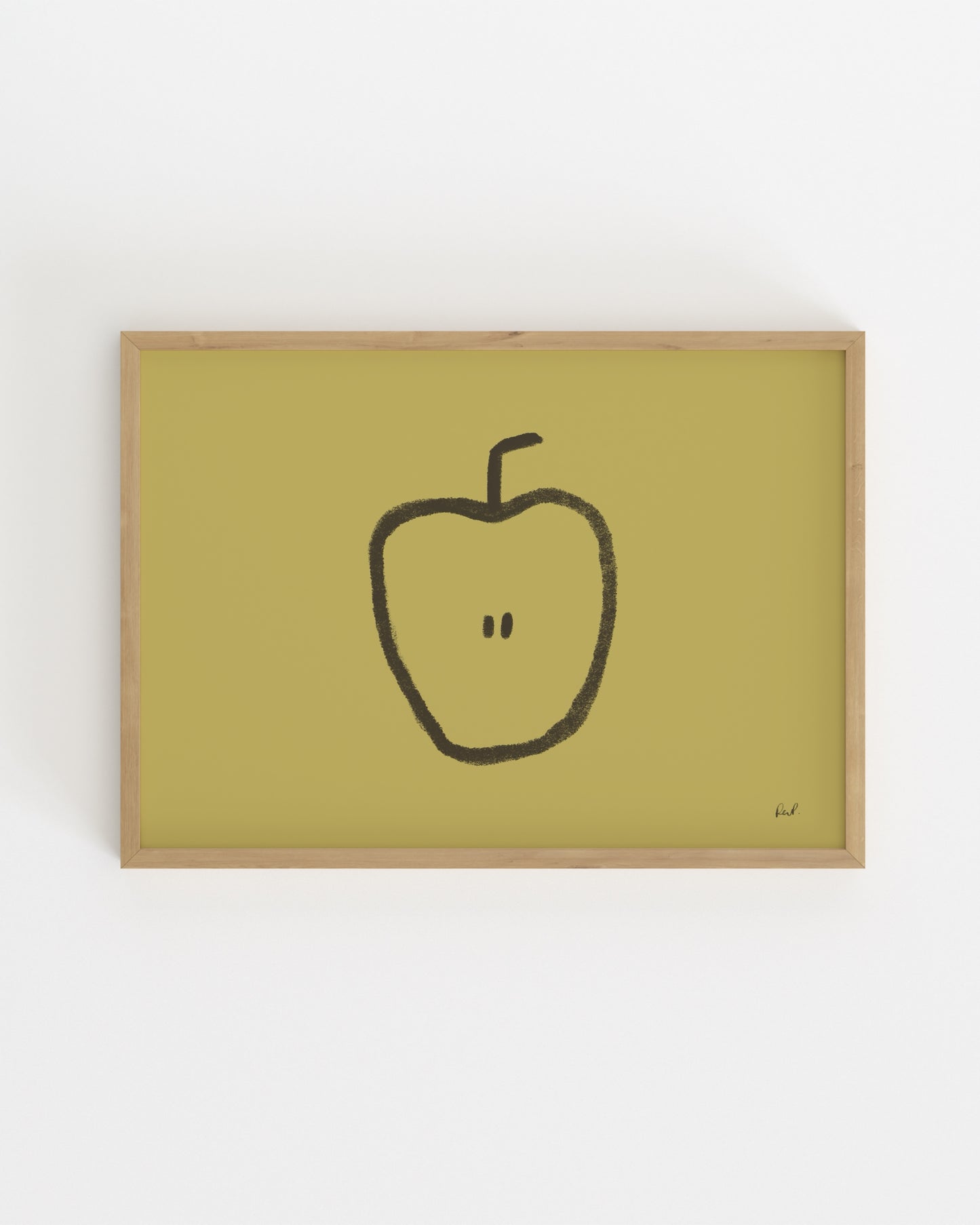 Minimalist hand-drawn apple printable wall art with a black apple illustration on a muted olive green background.