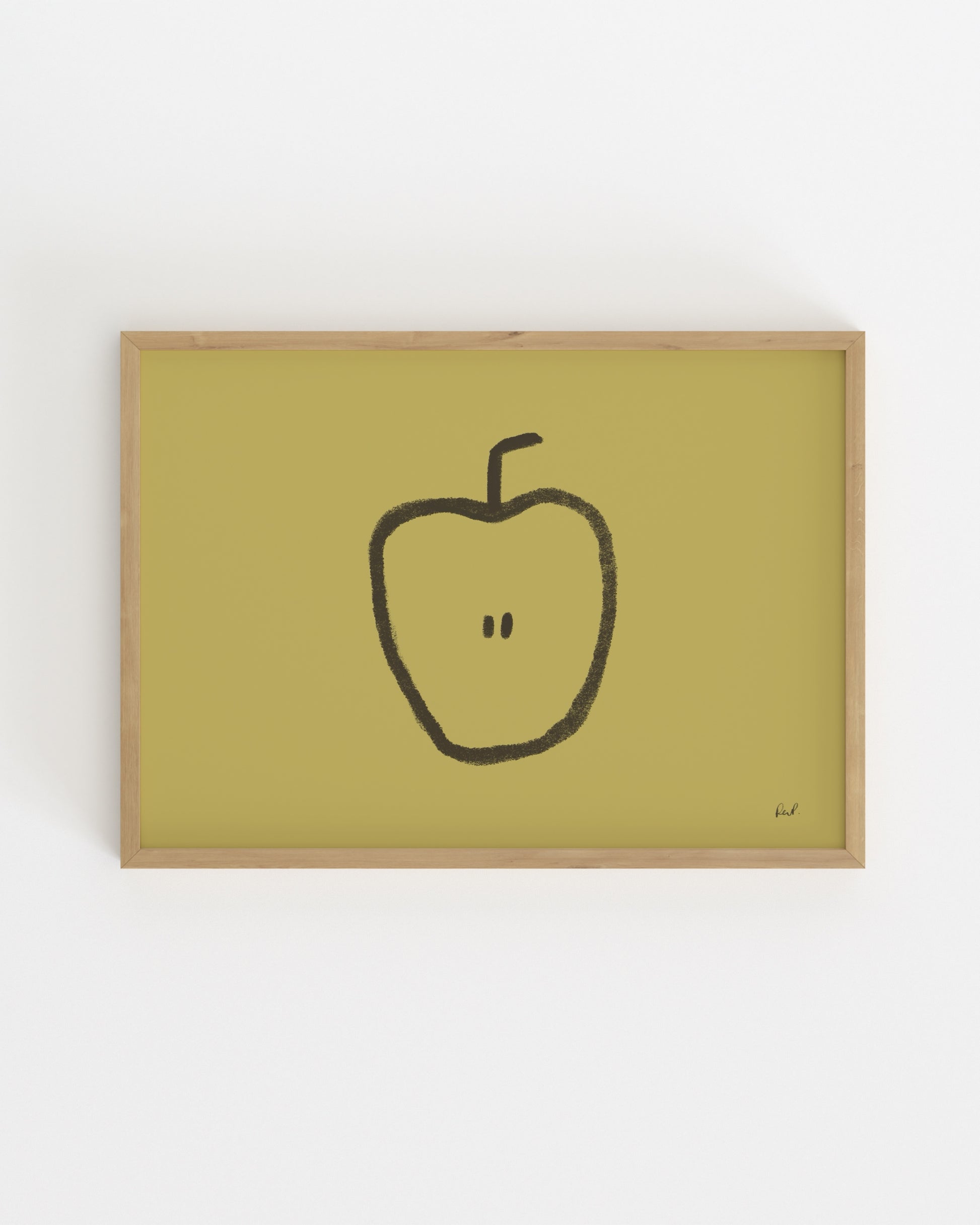Minimalist hand-drawn apple printable wall art with a black apple illustration on a muted olive green background.