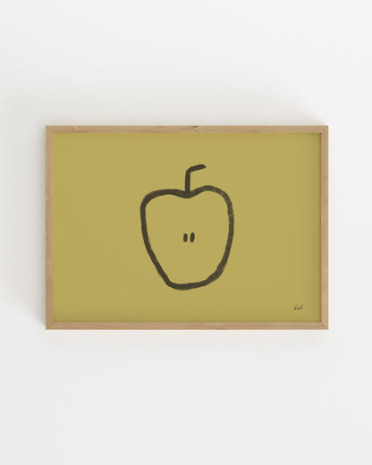 Minimalist hand-drawn apple printable wall art with a black apple illustration on a muted olive green background.