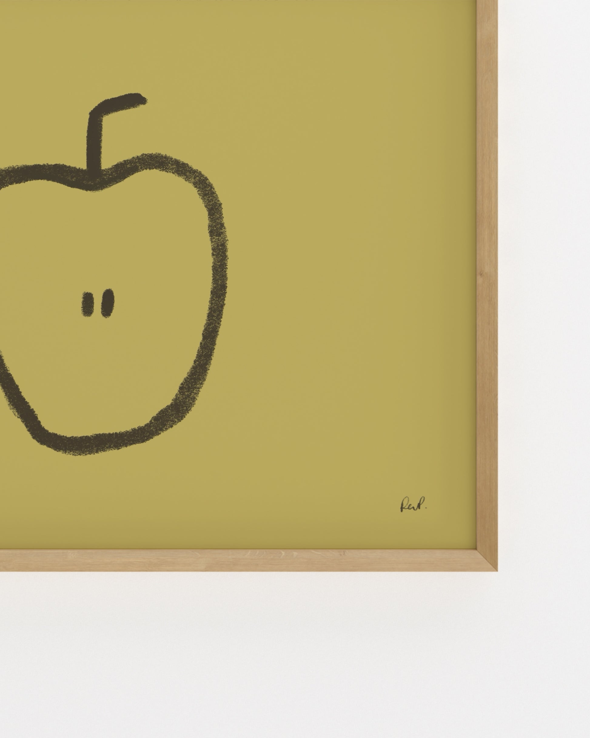 Minimalist hand-drawn apple printable wall art with a black apple illustration on a muted olive green background