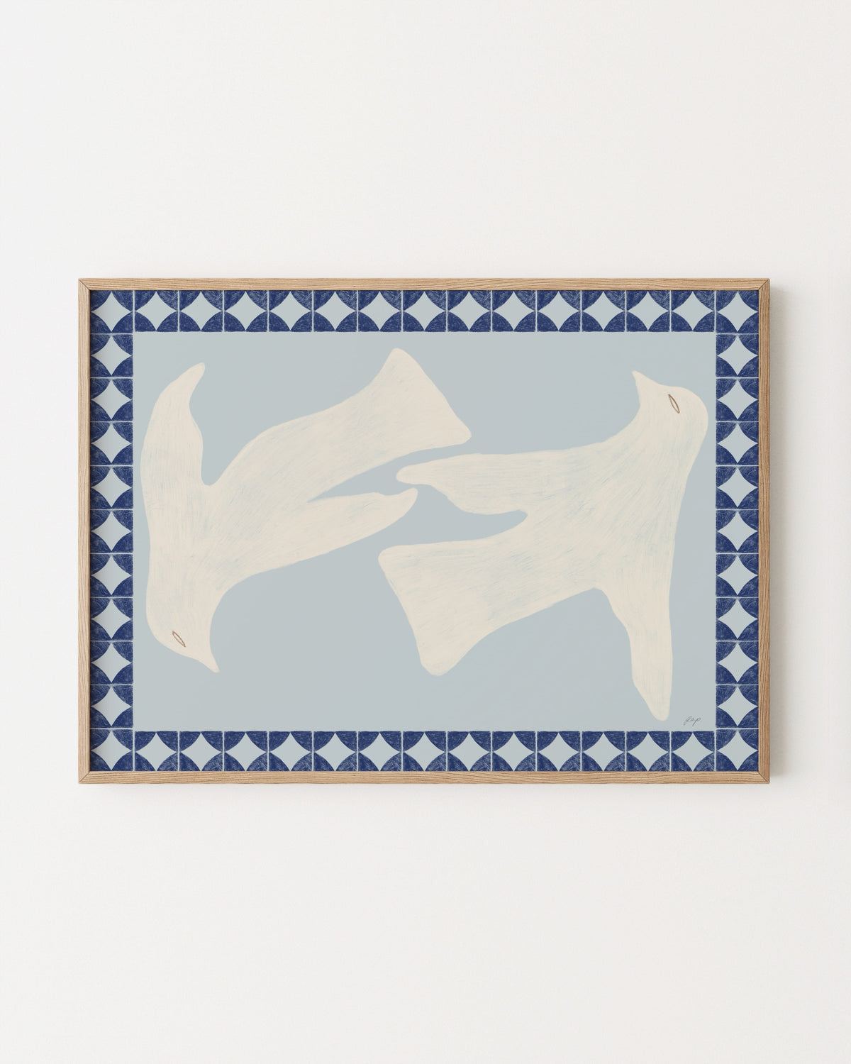Printable wall art featuring two stylised white birds on a soft blue background with a navy geometric patterned border.