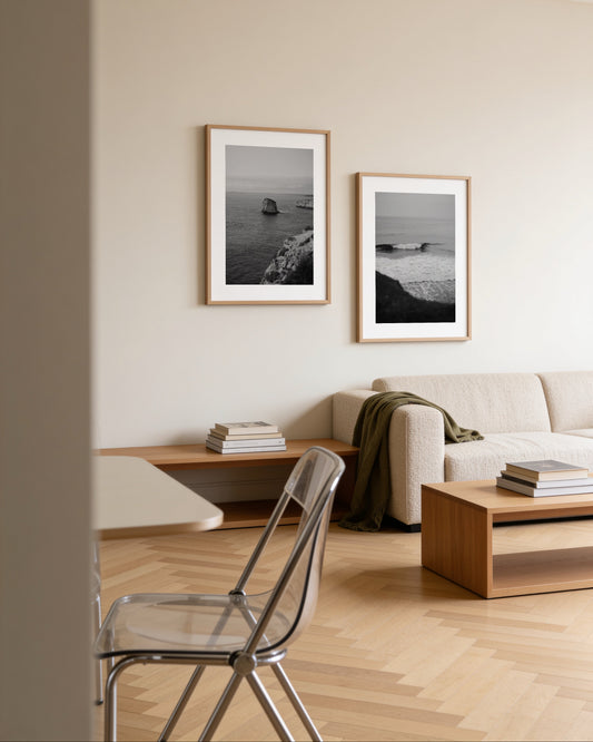 Black and white coastal photography set featuring ocean waves and sea cliffs overlooking the coastline