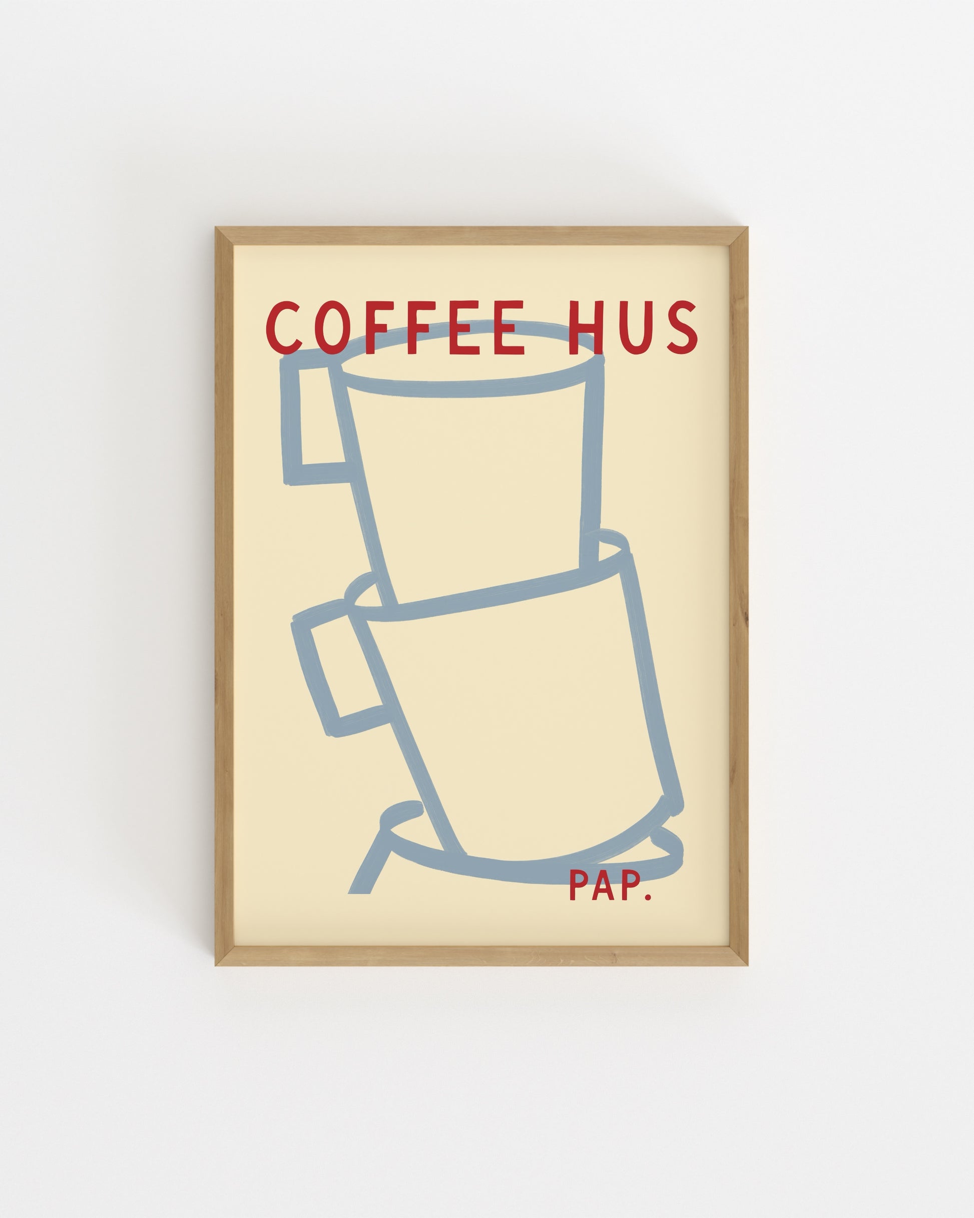 Minimal stacked coffee cup illustration with Coffee Hus typography on a cream background