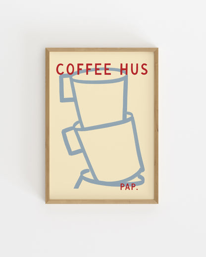 Minimal stacked coffee cup illustration with Coffee Hus typography on a cream background