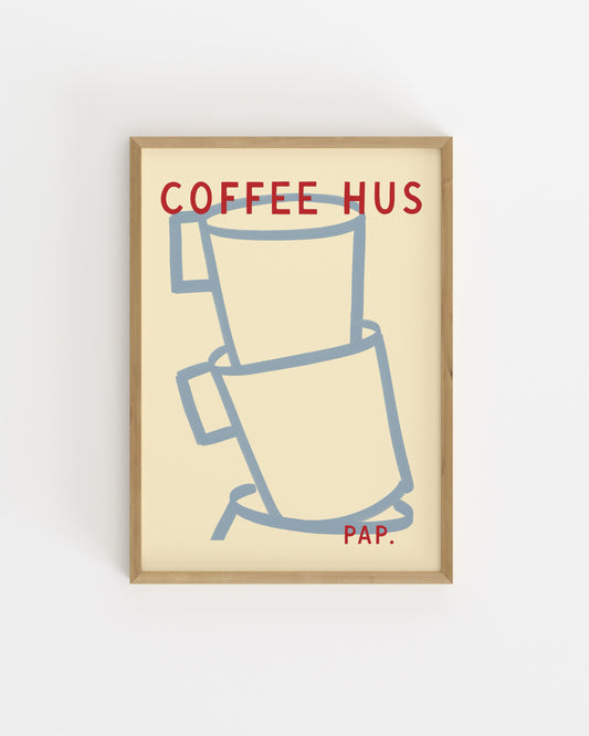 Minimal stacked coffee cup illustration with Coffee Hus typography on a cream background