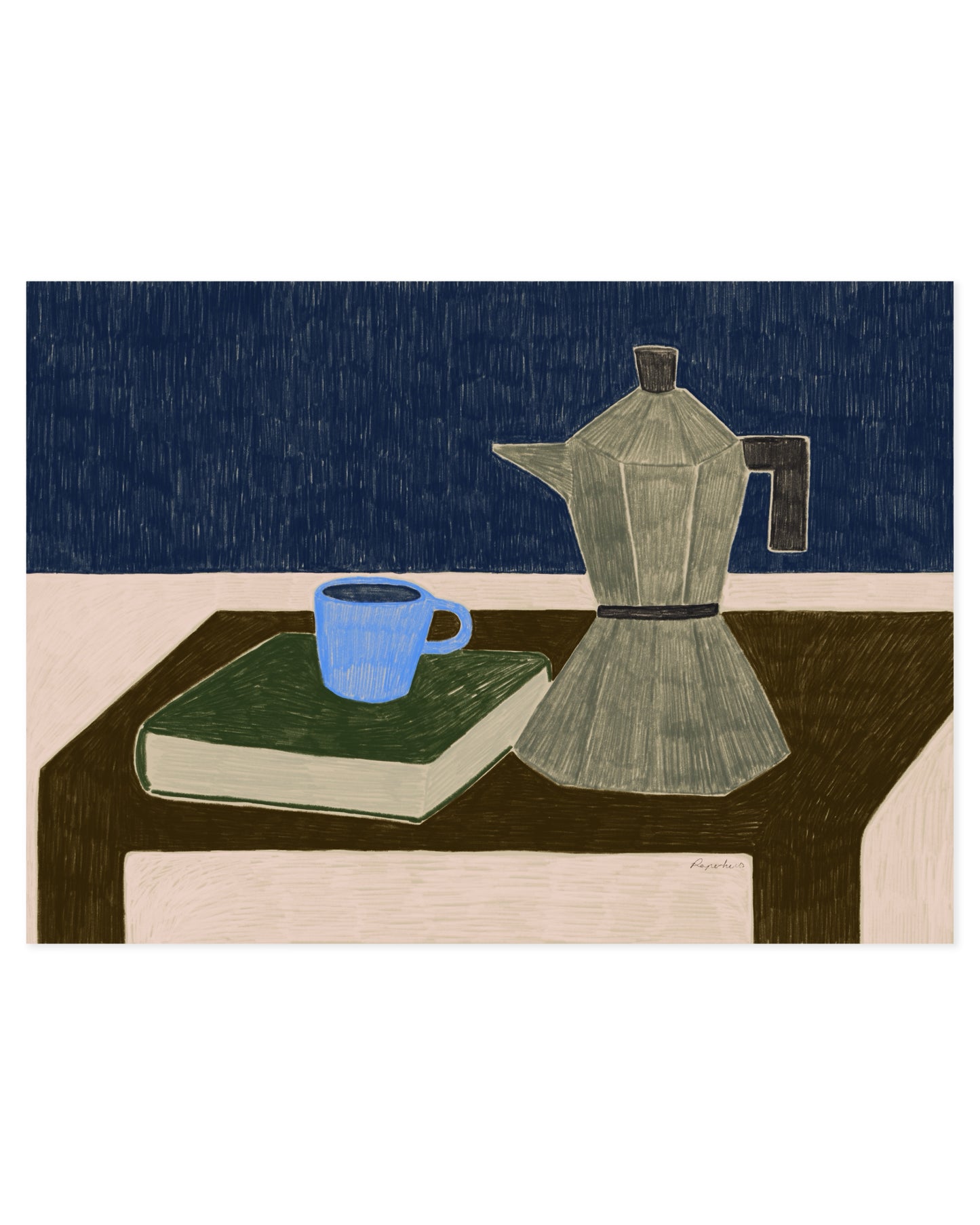 minimal still life illustration with moka pot coffee cup and book printable kitchen wall art