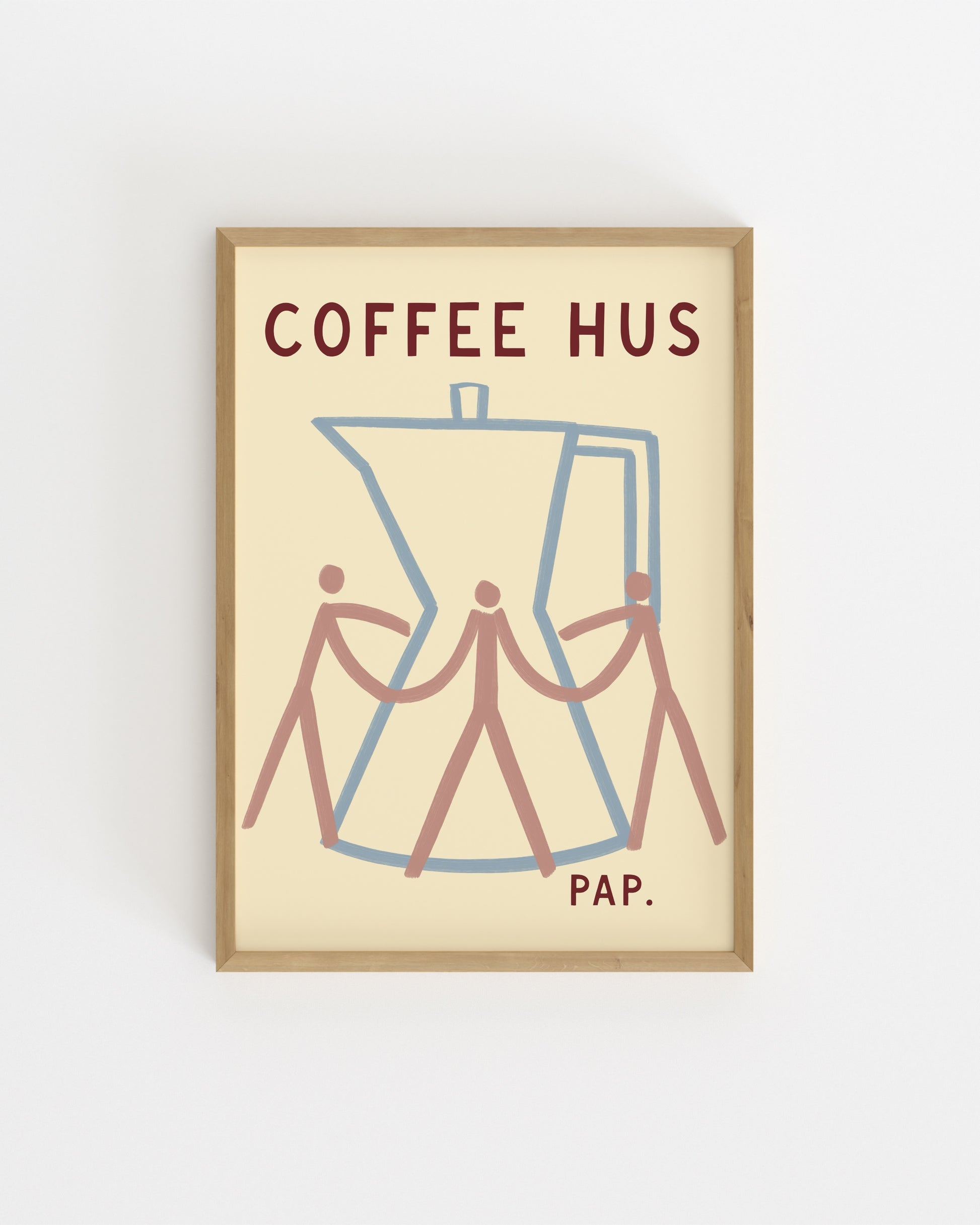 Minimal moka pot illustration with three abstract figures and Coffee Hus typography