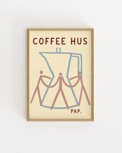 Minimal moka pot illustration with three abstract figures and Coffee Hus typography