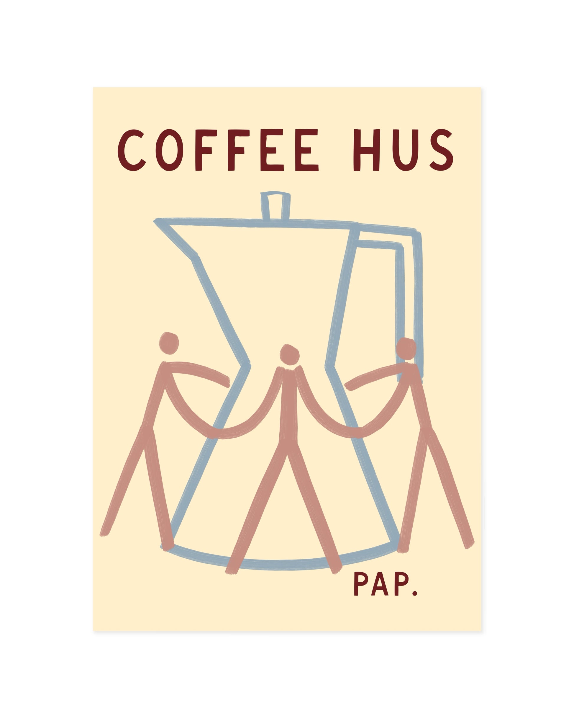 Minimal moka pot illustration with three abstract figures and Coffee Hus typography