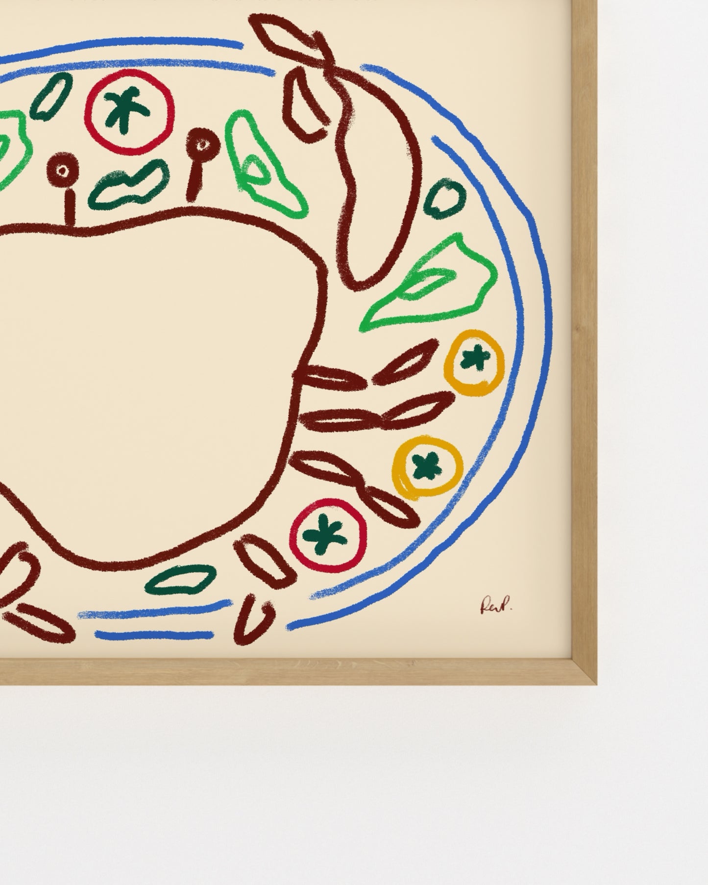Hand-drawn crab salad printable wall art featuring a minimalist bowl filled with, tomatoes, and leaves in colourful line art on a soft cream background.