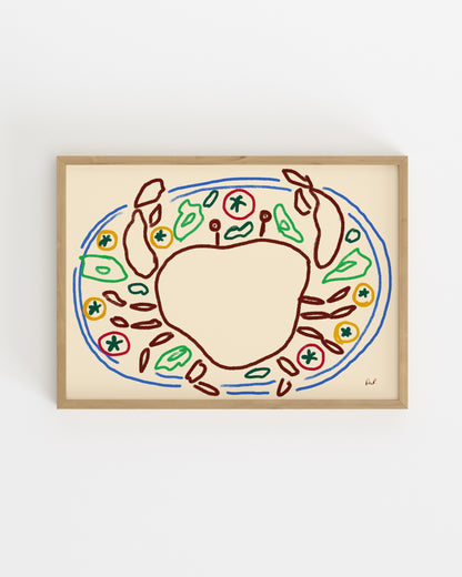 Hand-drawn crab salad printable wall art featuring a minimalist bowl filled with, tomatoes, and leaves in colourful line art on a soft cream background.