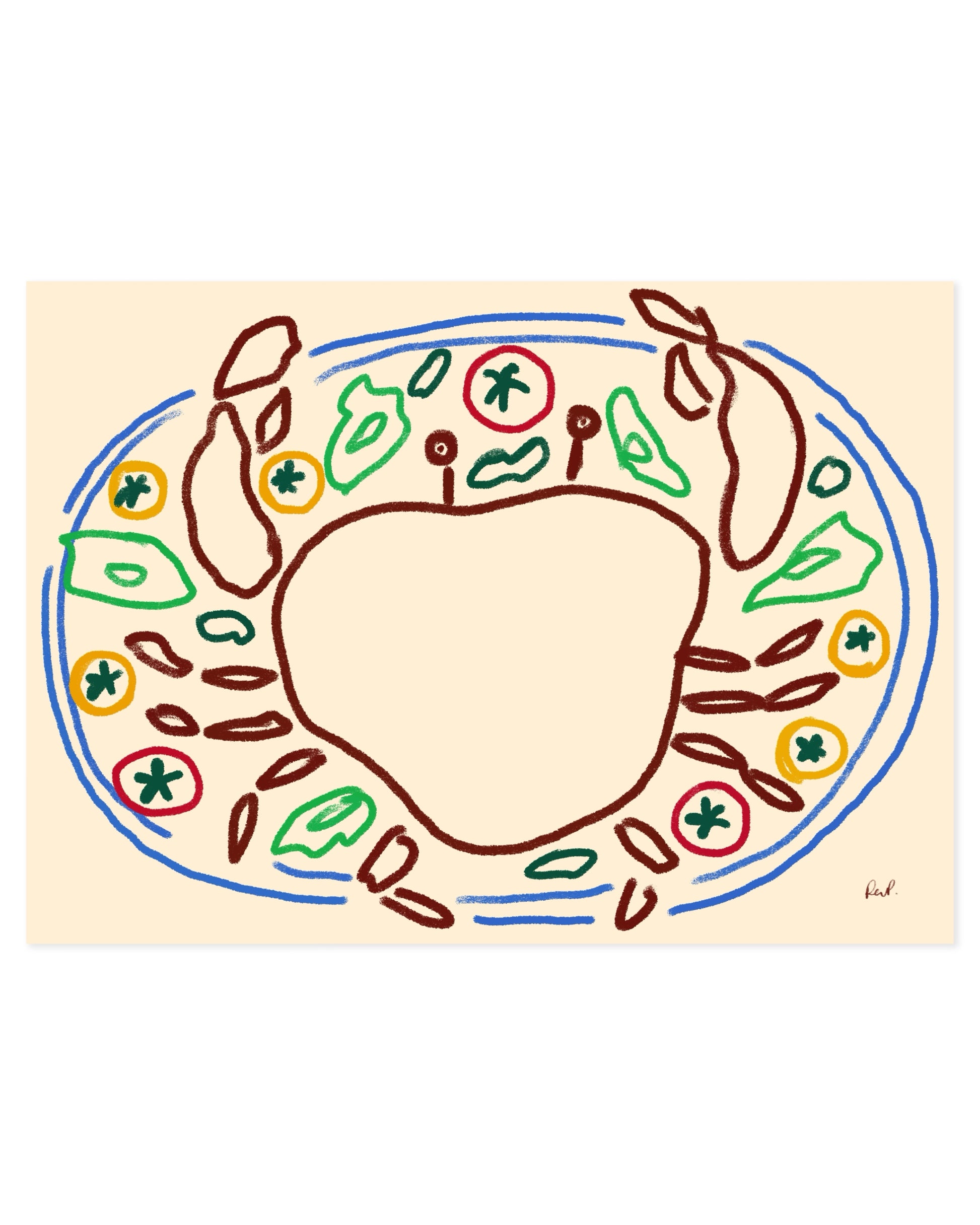 Hand-drawn crab salad printable wall art featuring a minimalist bowl filled with, tomatoes, and leaves in colourful line art on a soft cream background.