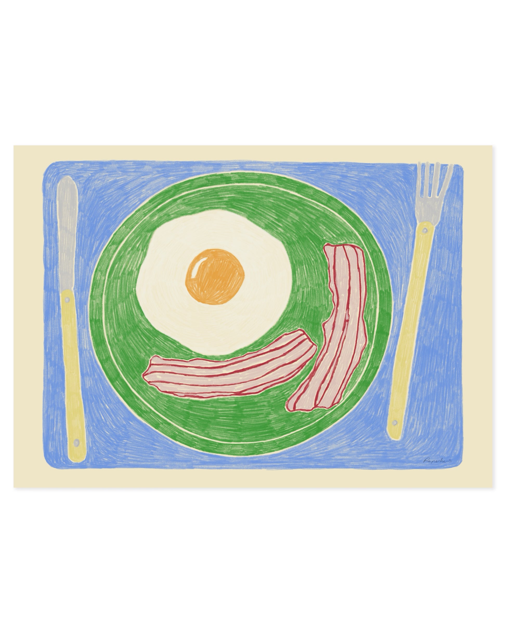 playful breakfast illustration with fried egg bacon green plate and blue placemat kitchen wall art