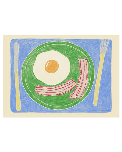 playful breakfast illustration with fried egg bacon green plate and blue placemat kitchen wall art