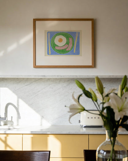 playful breakfast illustration with fried egg bacon green plate and blue placemat kitchen wall art
