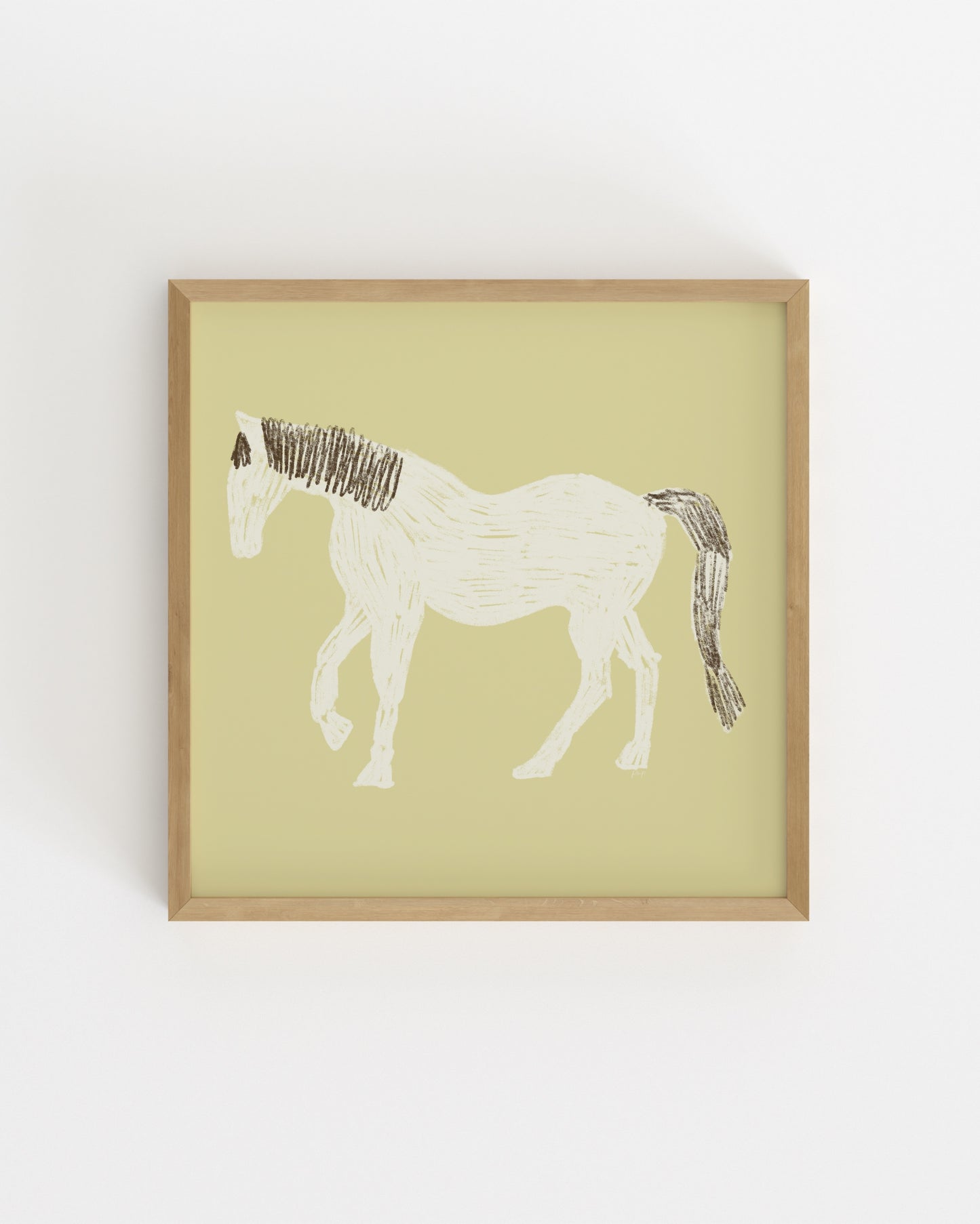 Hand-drawn white horse illustration on a butter yellow background