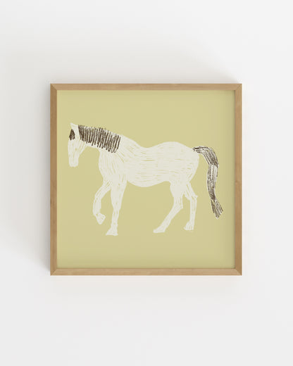 Hand-drawn white horse illustration on a butter yellow background
