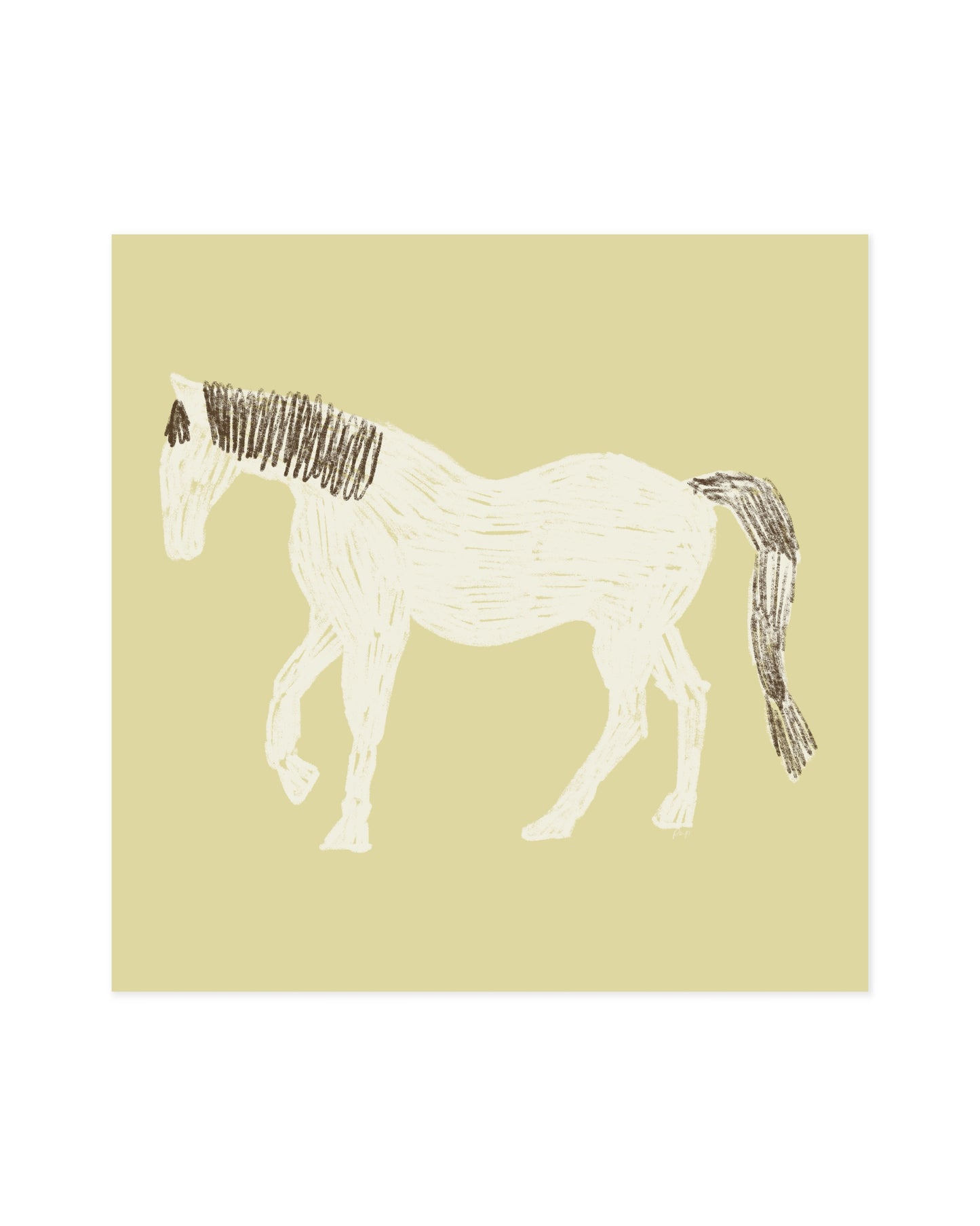 Hand-drawn white horse illustration on a butter yellow background