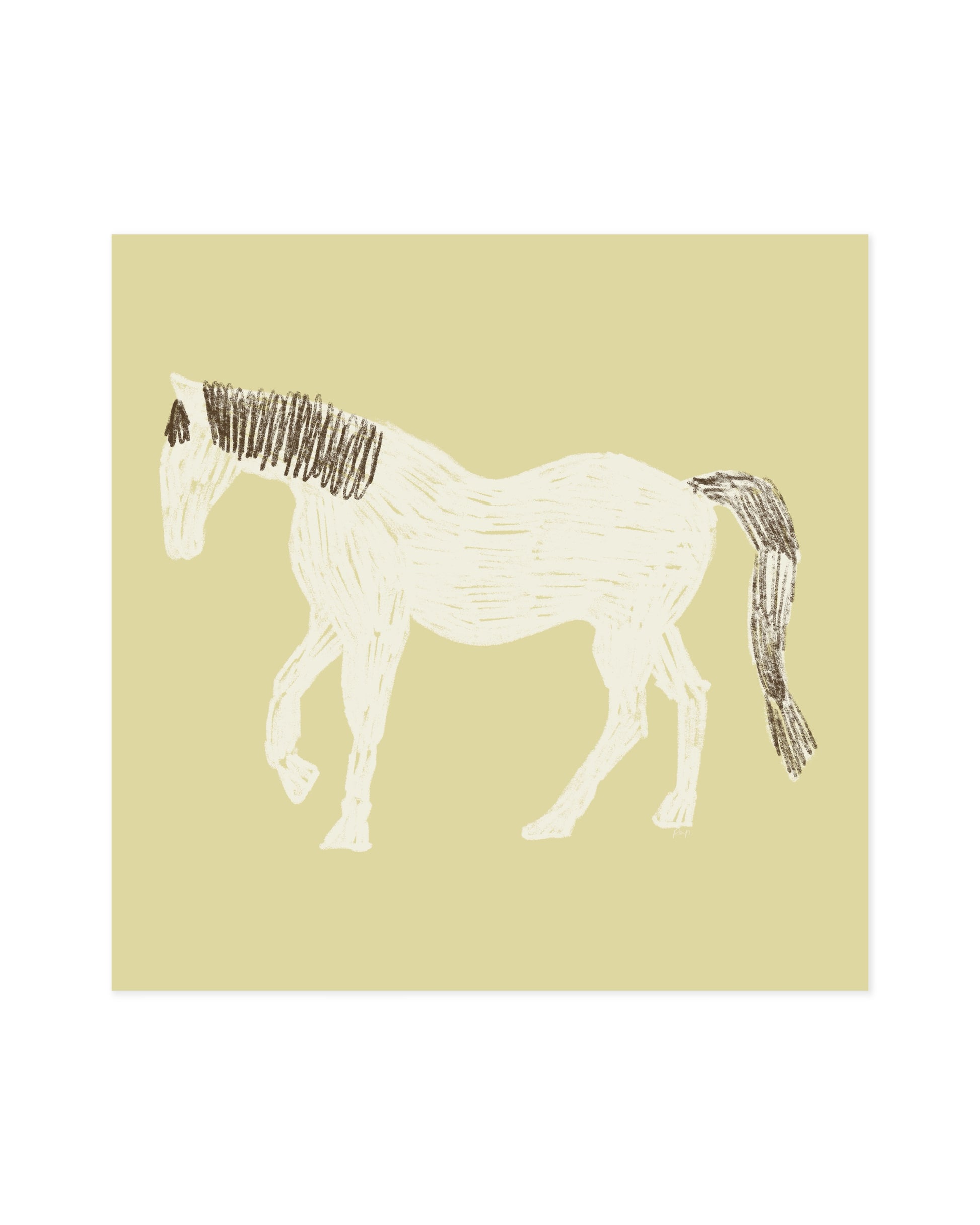 Hand-drawn white horse illustration on a butter yellow background