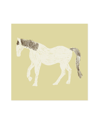 Hand-drawn white horse illustration on a butter yellow background