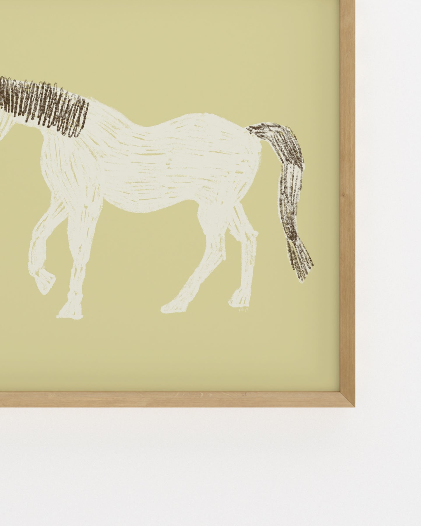 Hand-drawn white horse illustration on a butter yellow background