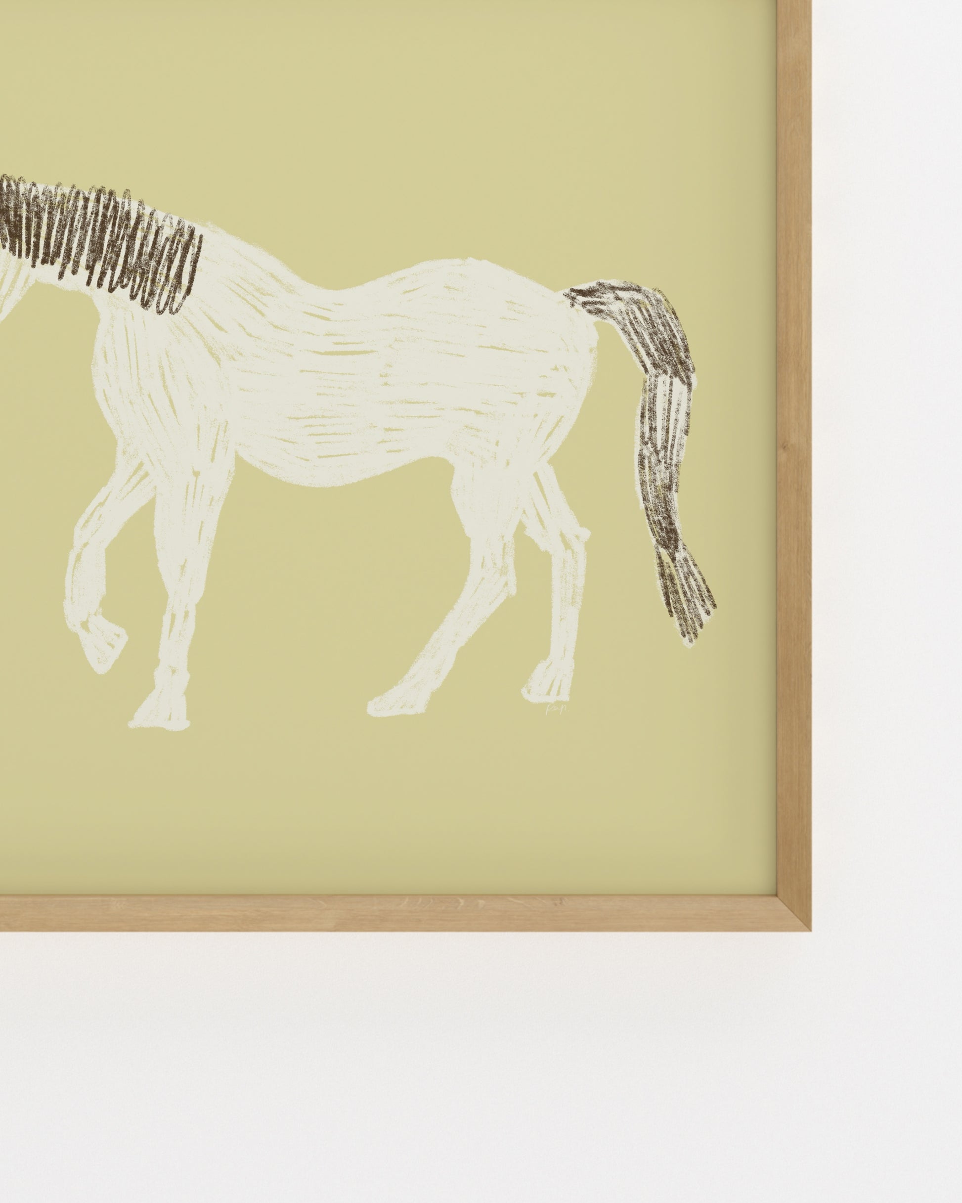 Hand-drawn white horse illustration on a butter yellow background