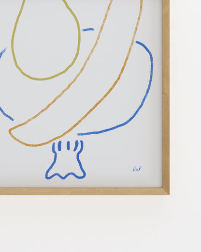 Minimalist hand-drawn pear and banana printable wall art with colourful line illustrations.
