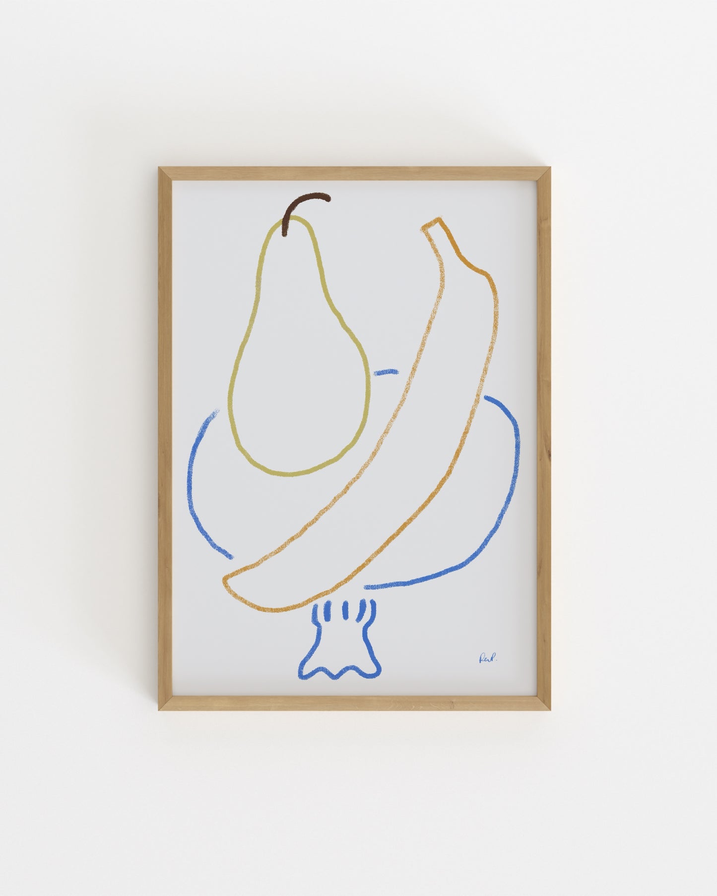 Minimalist hand-drawn pear and banana printable wall art with colourful line illustrations.