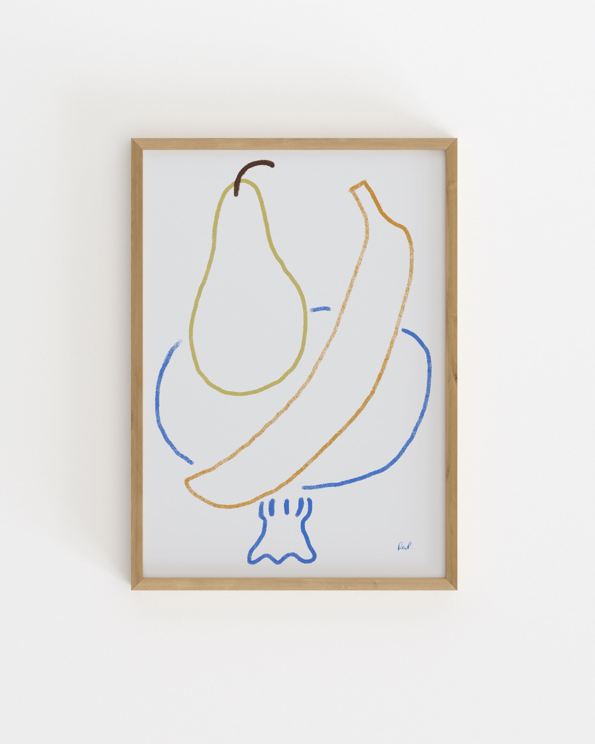 Minimalist hand-drawn pear and banana printable wall art with colourful line illustrations.