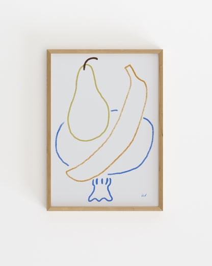 Minimalist hand-drawn pear and banana printable wall art with colourful line illustrations.