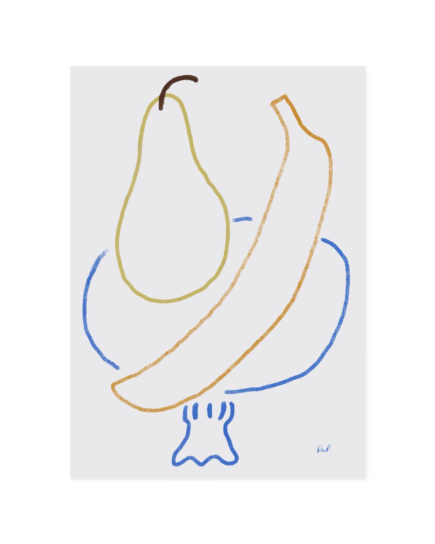 Minimalist hand-drawn pear and banana printable wall art with colourful line illustrations.