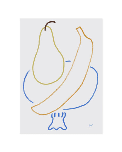 Minimalist hand-drawn pear and banana printable wall art with colourful line illustrations.