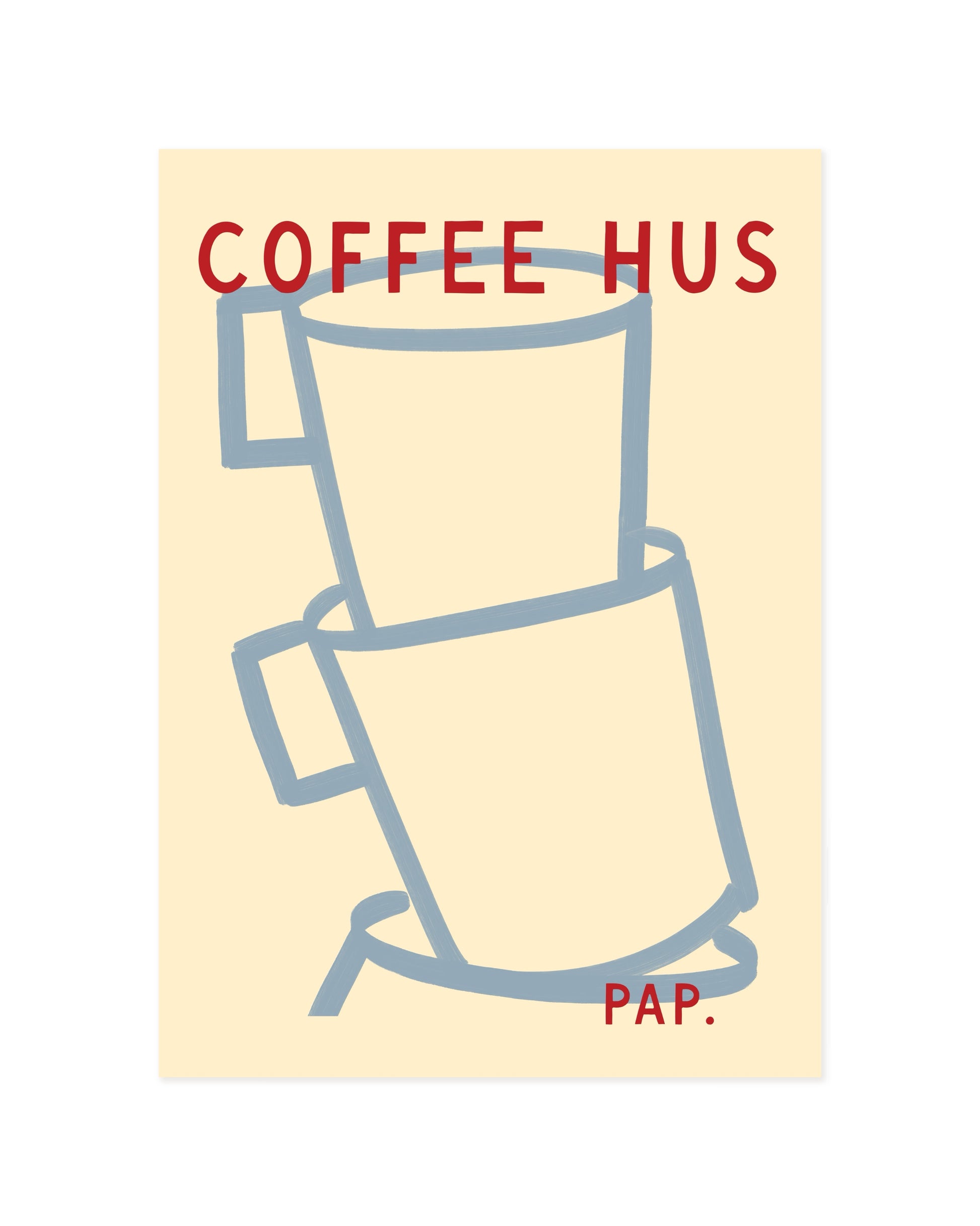 Minimal stacked coffee cup illustration with Coffee Hus typography on a cream background