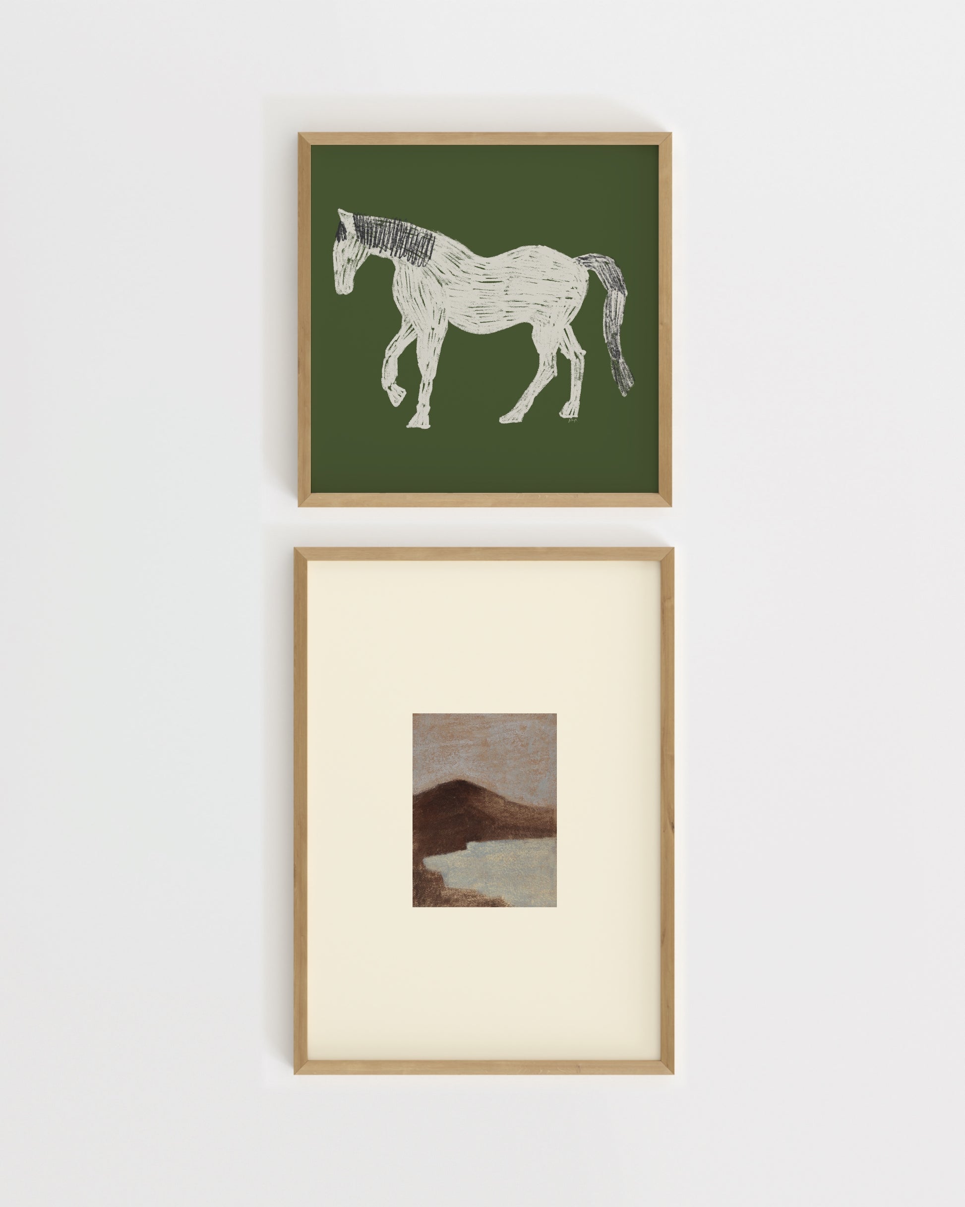 Minimal horse illustration paired with a small coastal landscape artwork in natural green and neutral tones